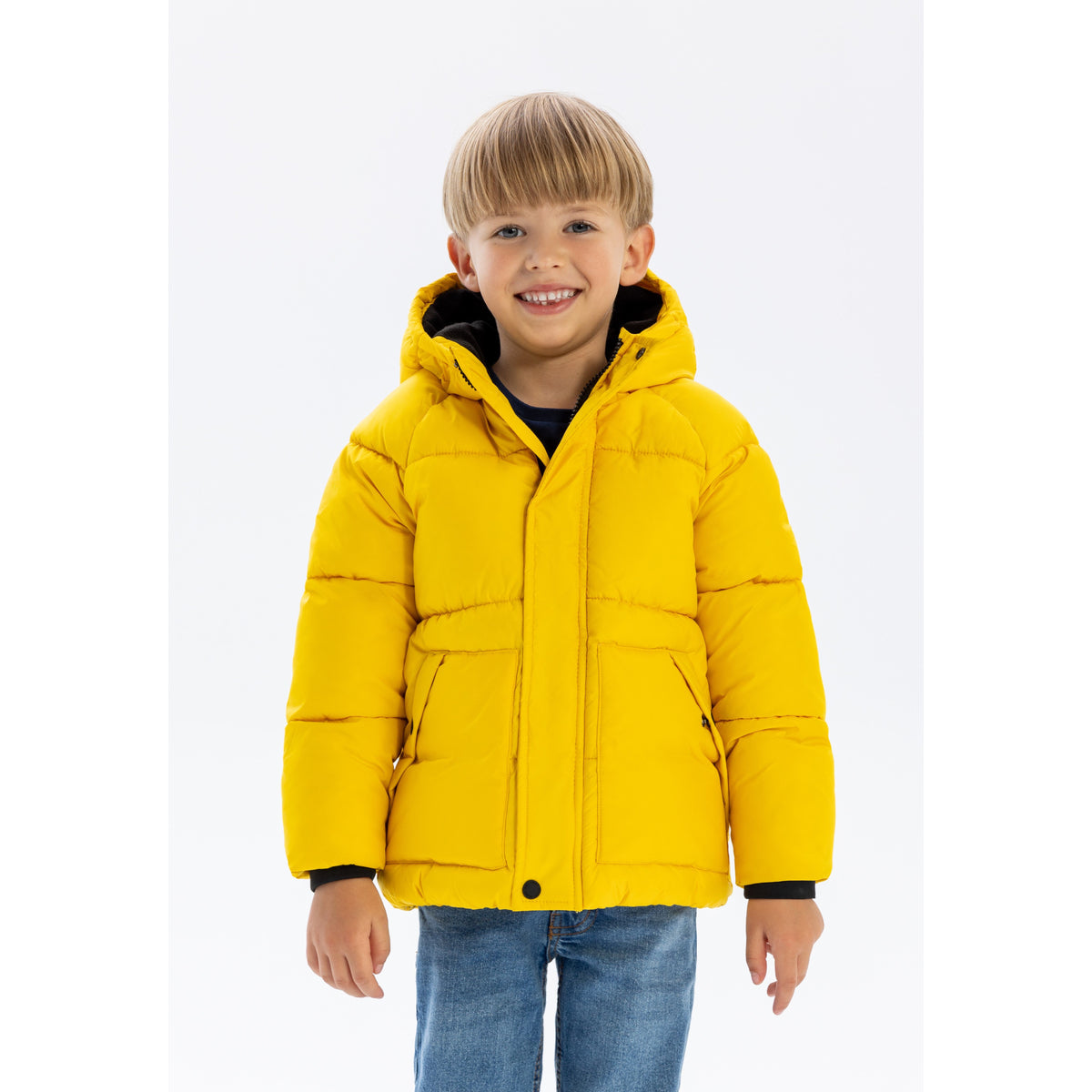 Boys' puffer jacket in yellow — complete product view for square Shop card