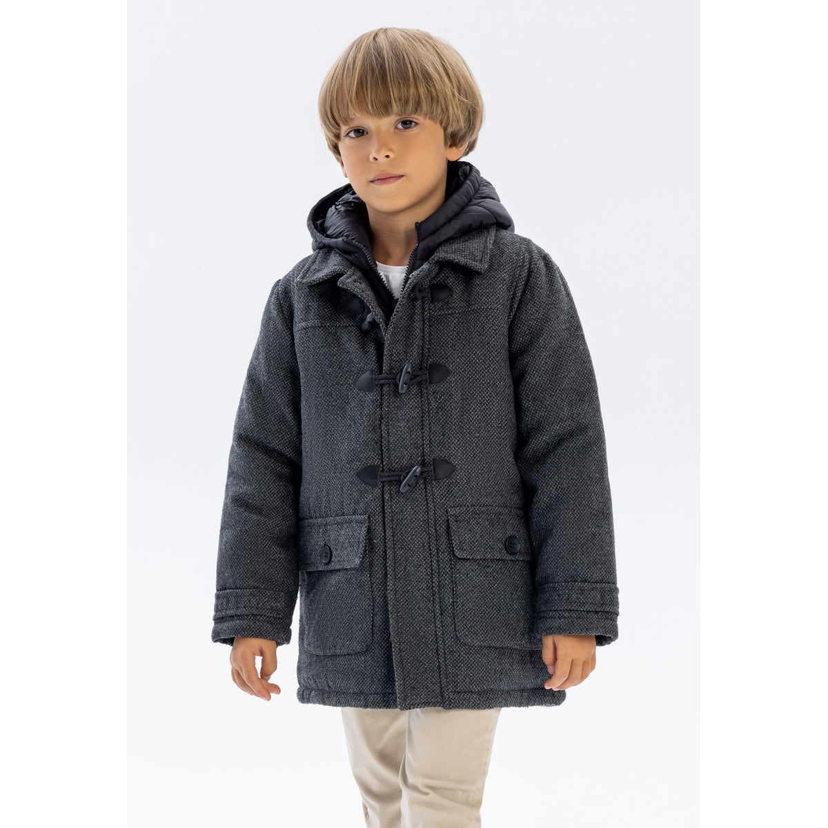 Boys' duffle coat in charcoal grey — complete product view for square Shop card