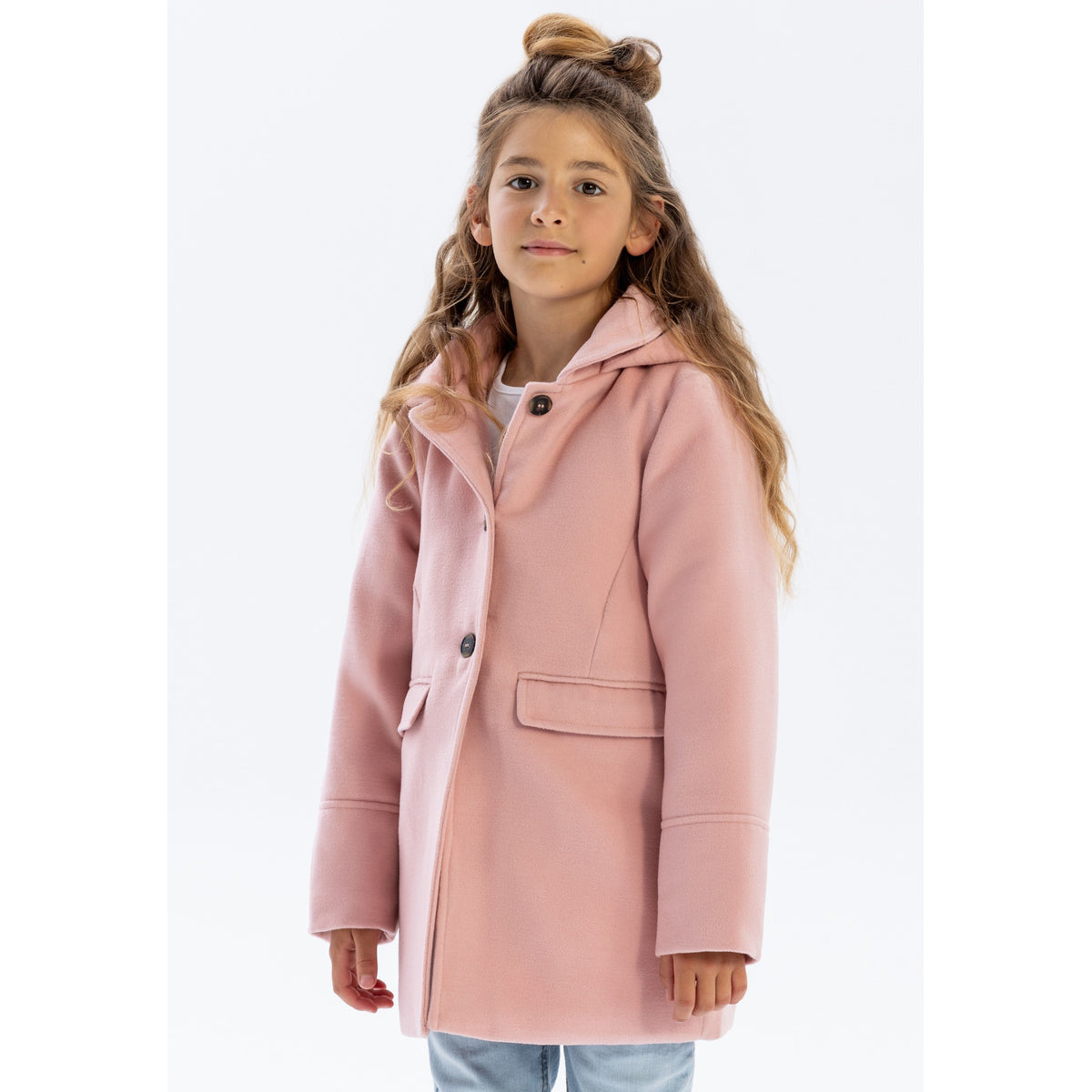 Girls' hooded coat in pink — complete product view for square Shop card