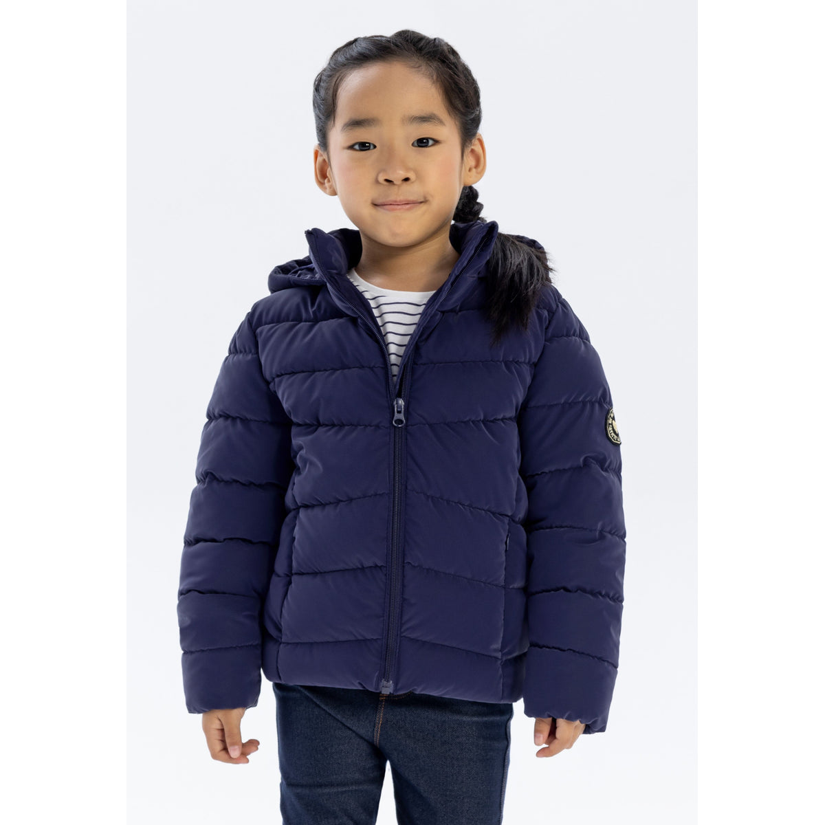 Girls' puffer jacket in navy — complete product view for square Shop card