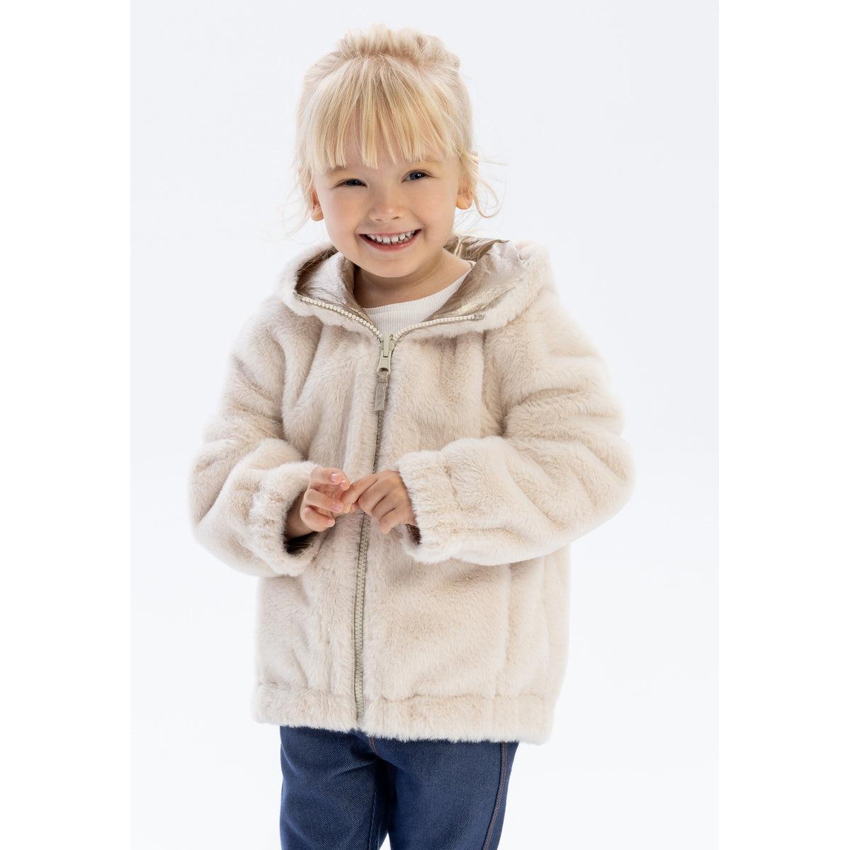 Girls' reversible hooded jacket in gold — complete product view for square Shop card