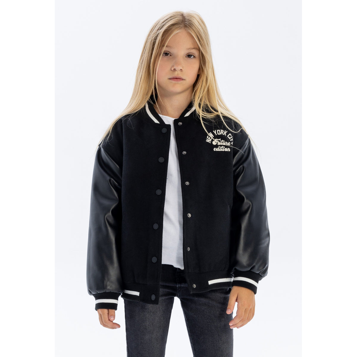 Kids' varsity jacket in black — complete product view for square Shop card