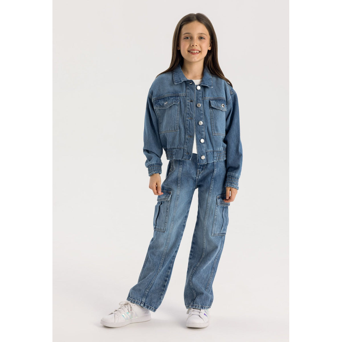 Girls' denim jacket in blue — complete product view for square Shop card