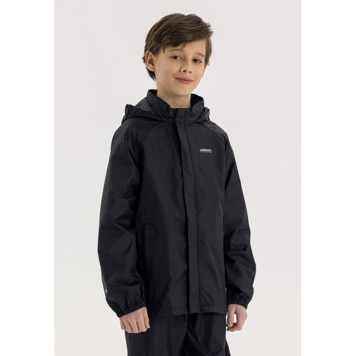 Girls' packaway hooded jacket in black — complete product view for square Shop card