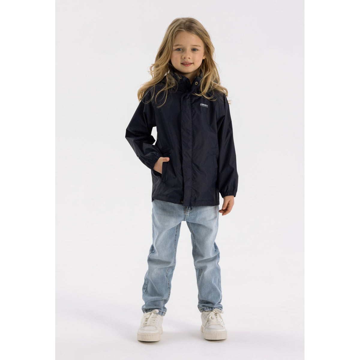 Girls' packaway hooded jacket in navy — complete product view for square Shop card