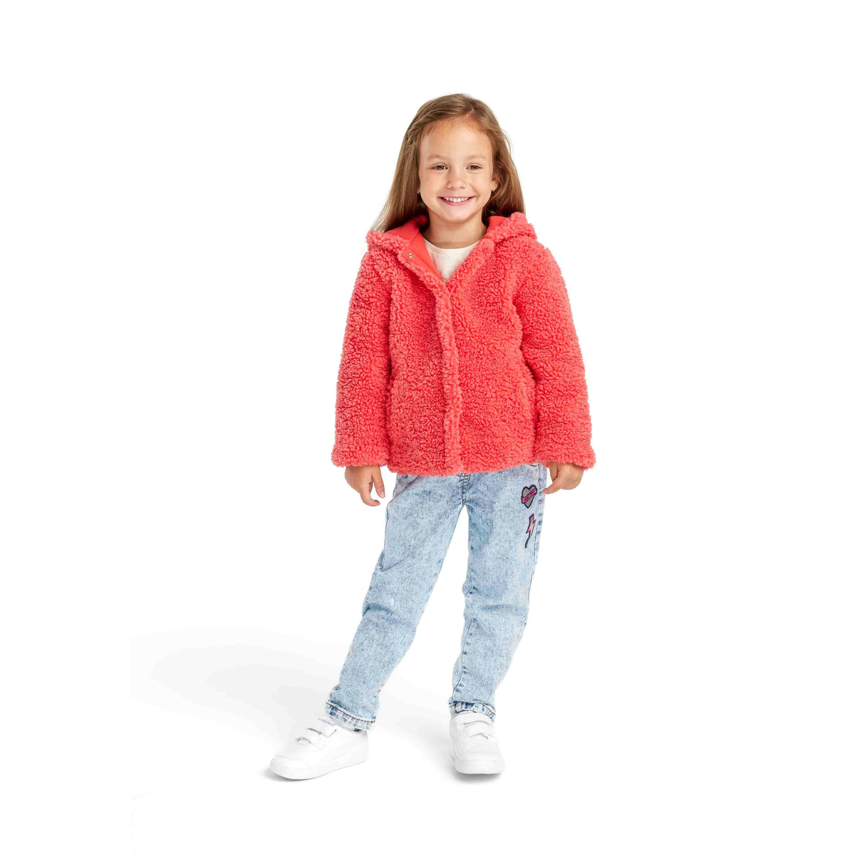 Girls' teddy jacket in coral red — complete product view for square Shop card