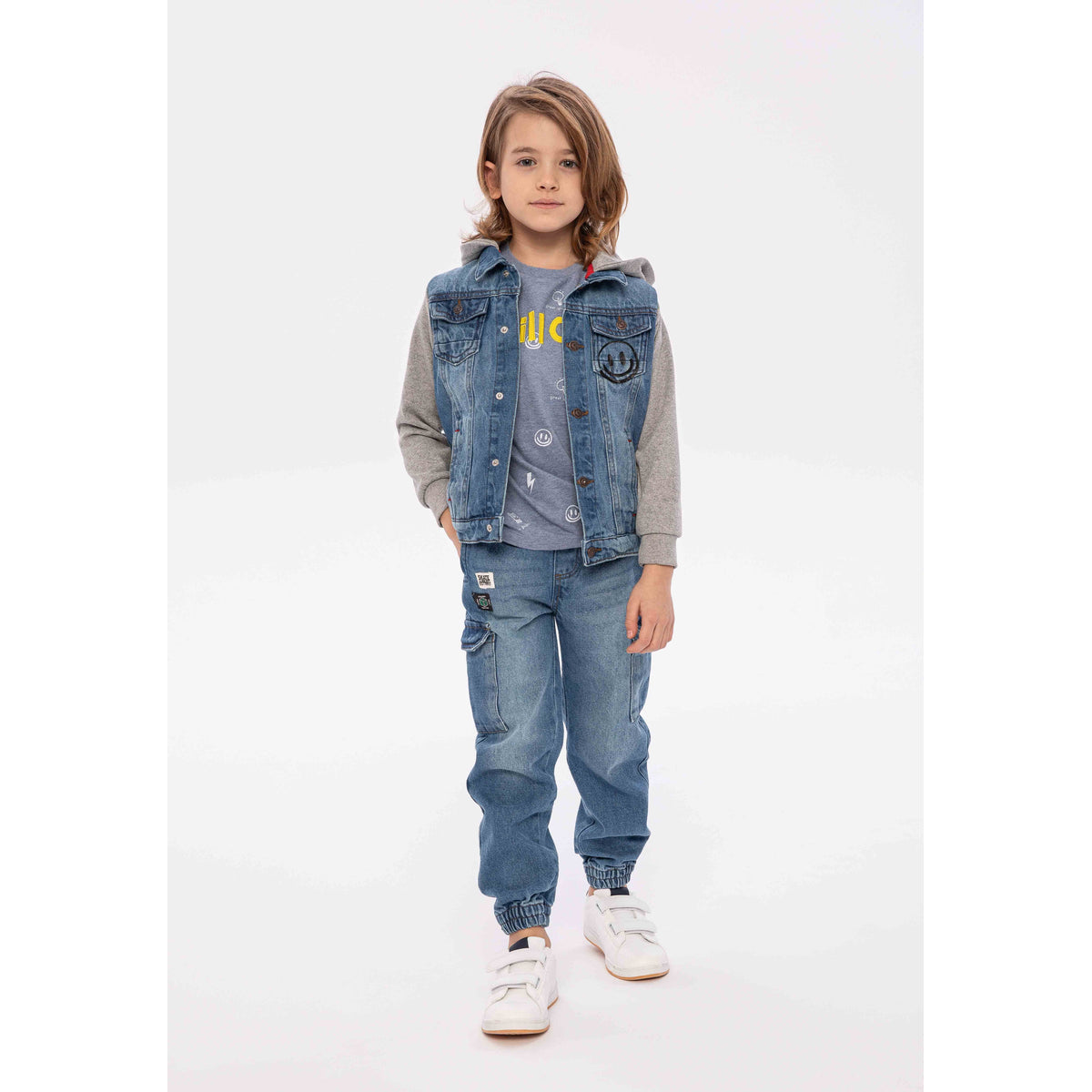 Boys' hooded denim jacket in blue — complete product view for square Shop card