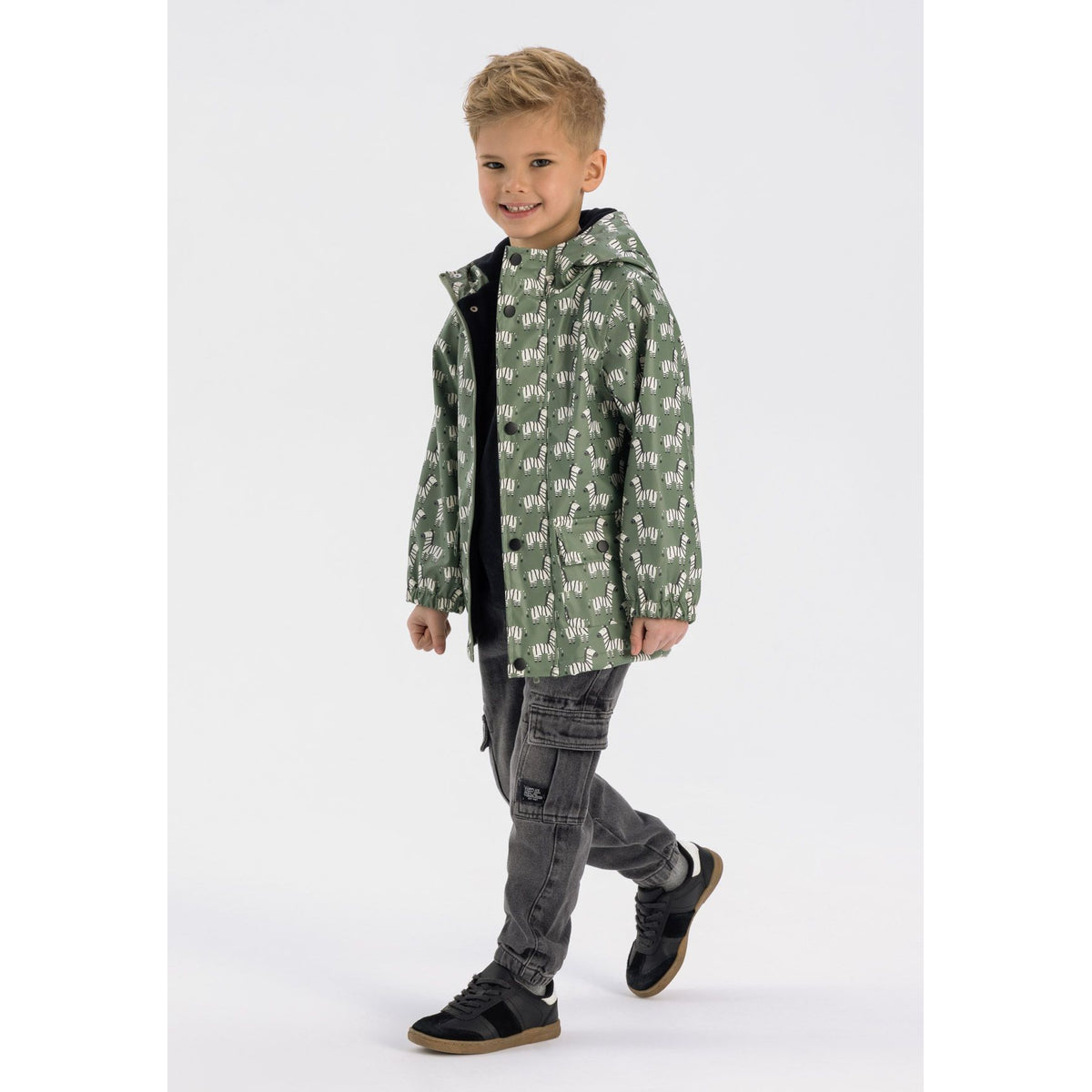Boys' hooded printed jacket in sage green — complete product view for square Shop card