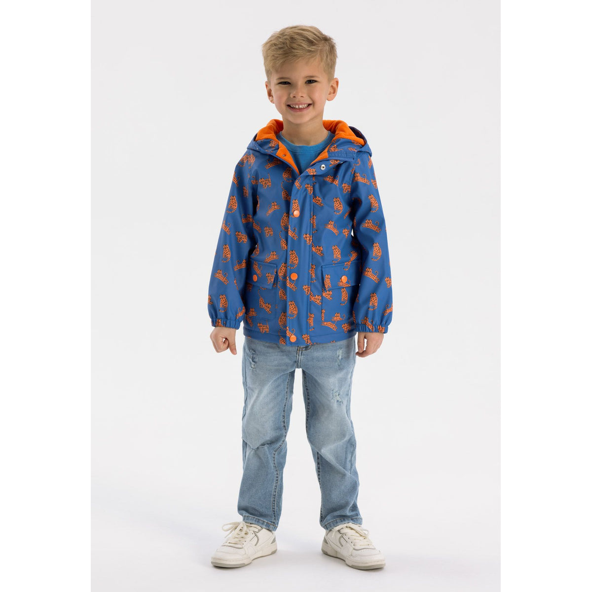 Boys' hooded printed jacket in blue — complete product view for square Shop card