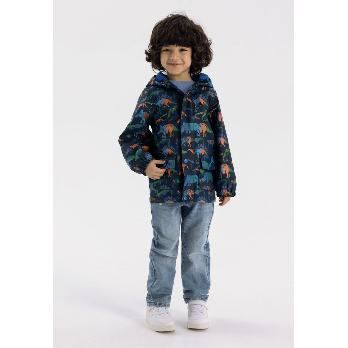 Boys' hooded printed jacket in navy — complete product view for square Shop card