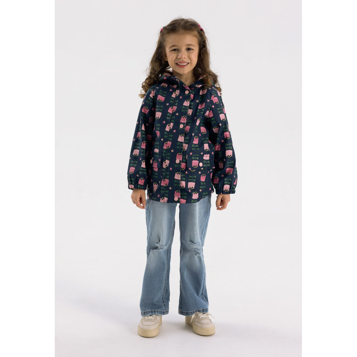 Girls' hooded printed jacket in navy — complete product view for square Shop card