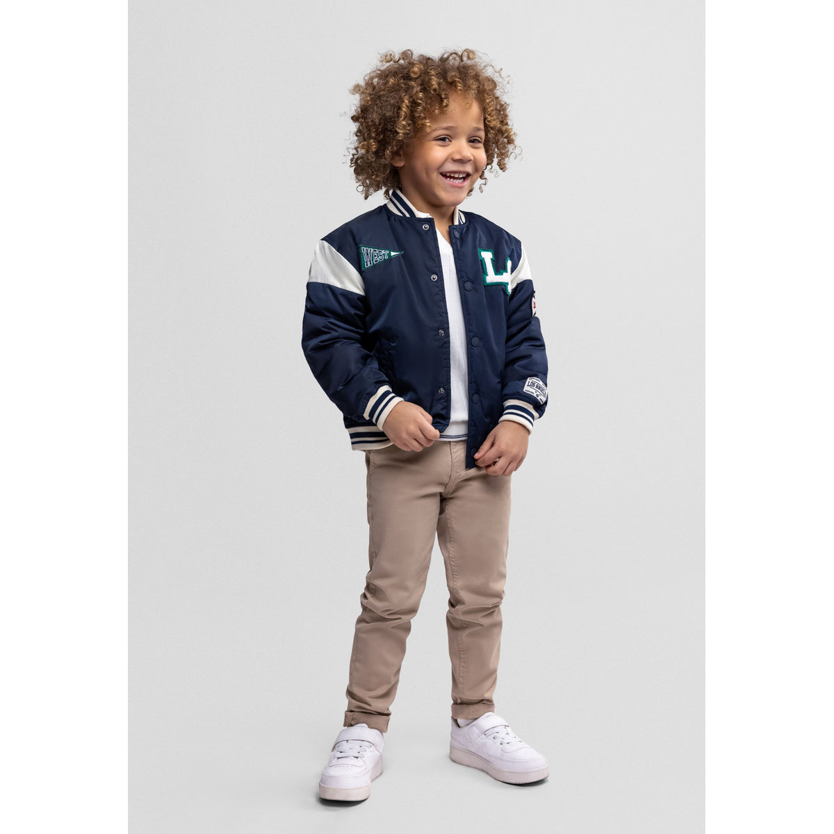 Boys' varsity jacket in navy — complete product view for square Shop card