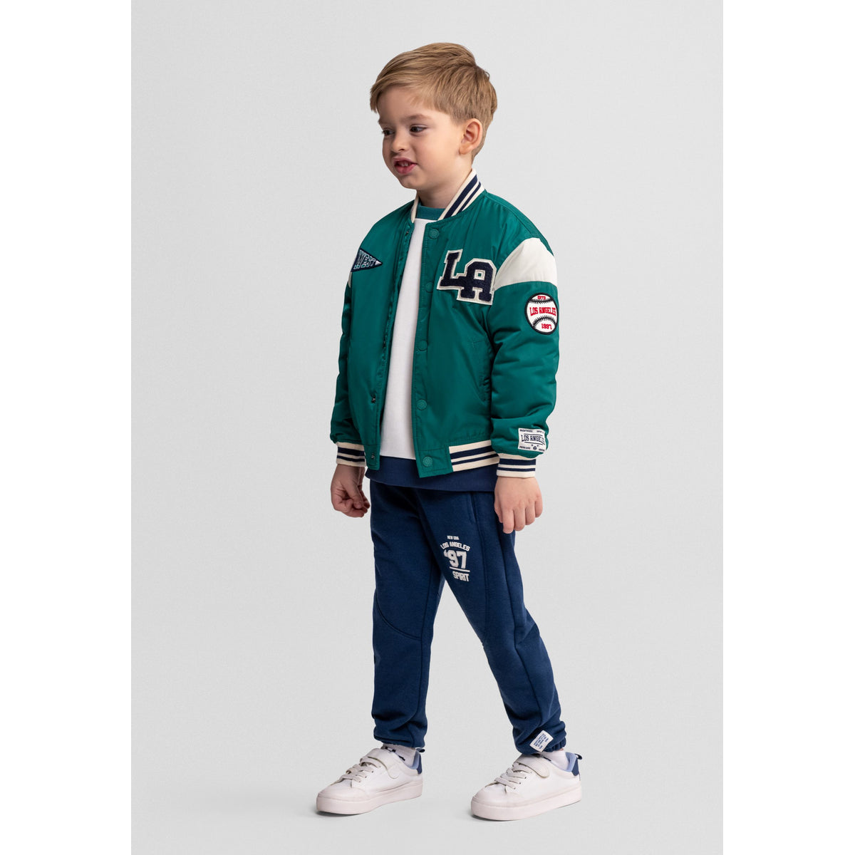 Boys' varsity jacket in green — complete product view for square Shop card