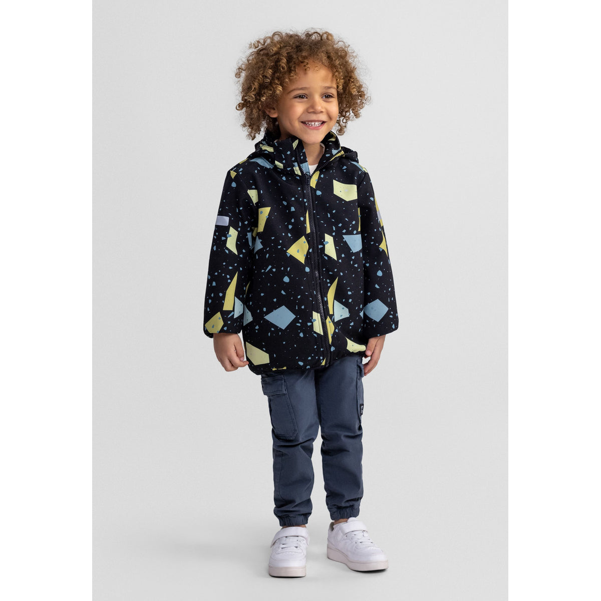 Boys' hooded printed jacket in black — complete product view for square Shop card