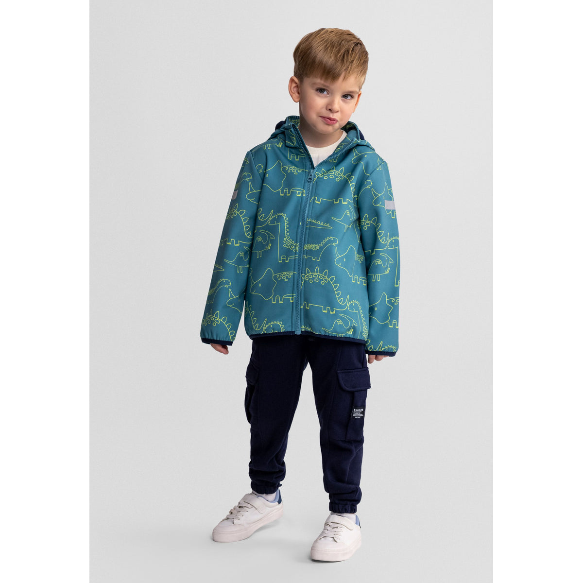 Boys' hooded printed jacket in teal — complete product view for square Shop card
