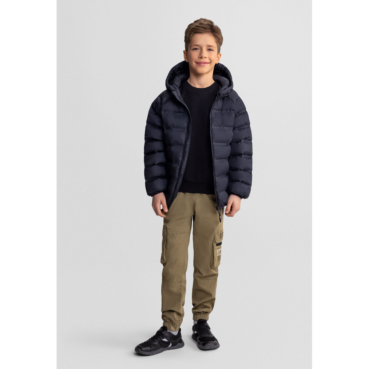 Boys' puffer jacket in black — complete product view for square Shop card