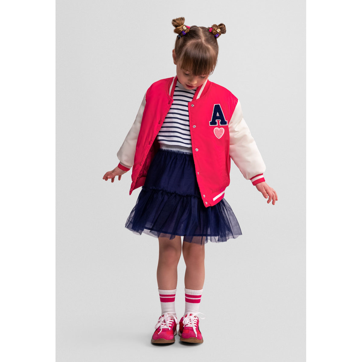 Girls' varsity jacket in pink — complete product view for square Shop card