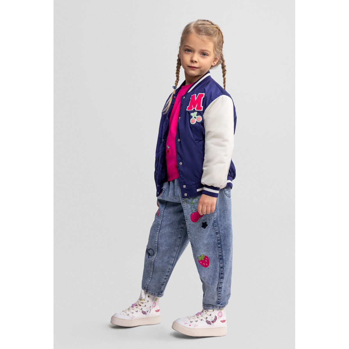 Girls' varsity jacket in navy — complete product view for square Shop card