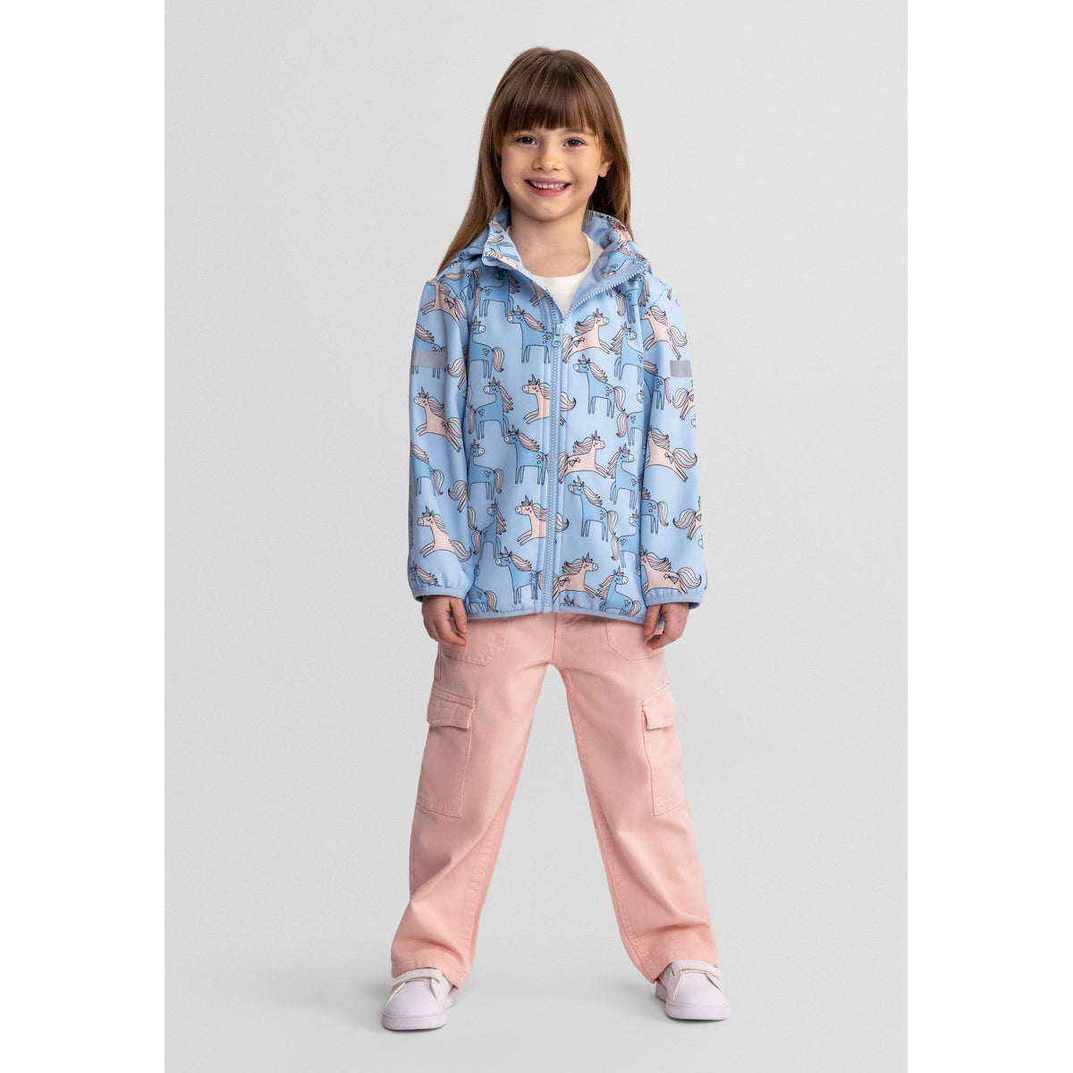 Girls' hooded printed jacket in light blue — complete product view for square Shop card