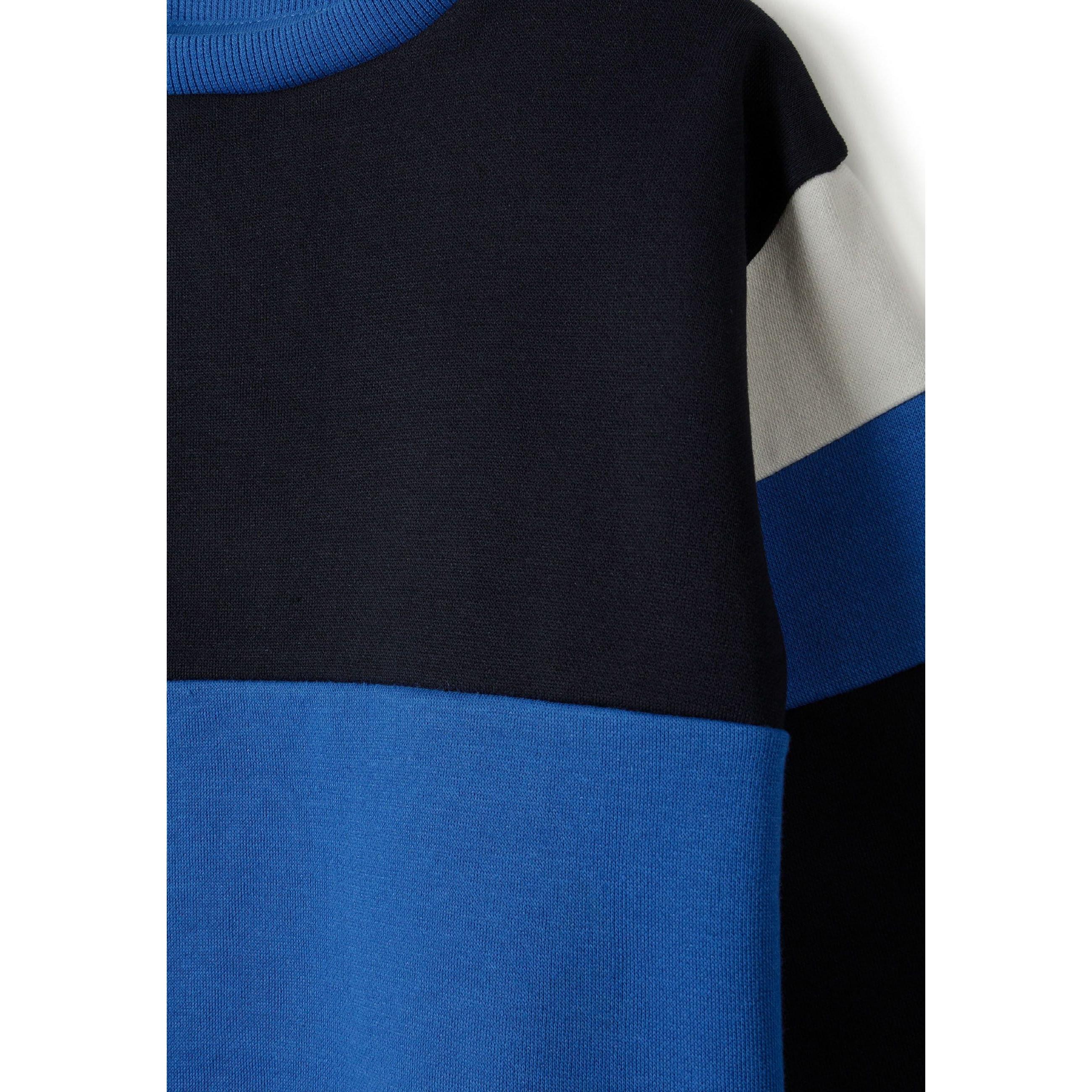 Close-up detail of navy jogger waistband with blue drawstring ties and side panel construction