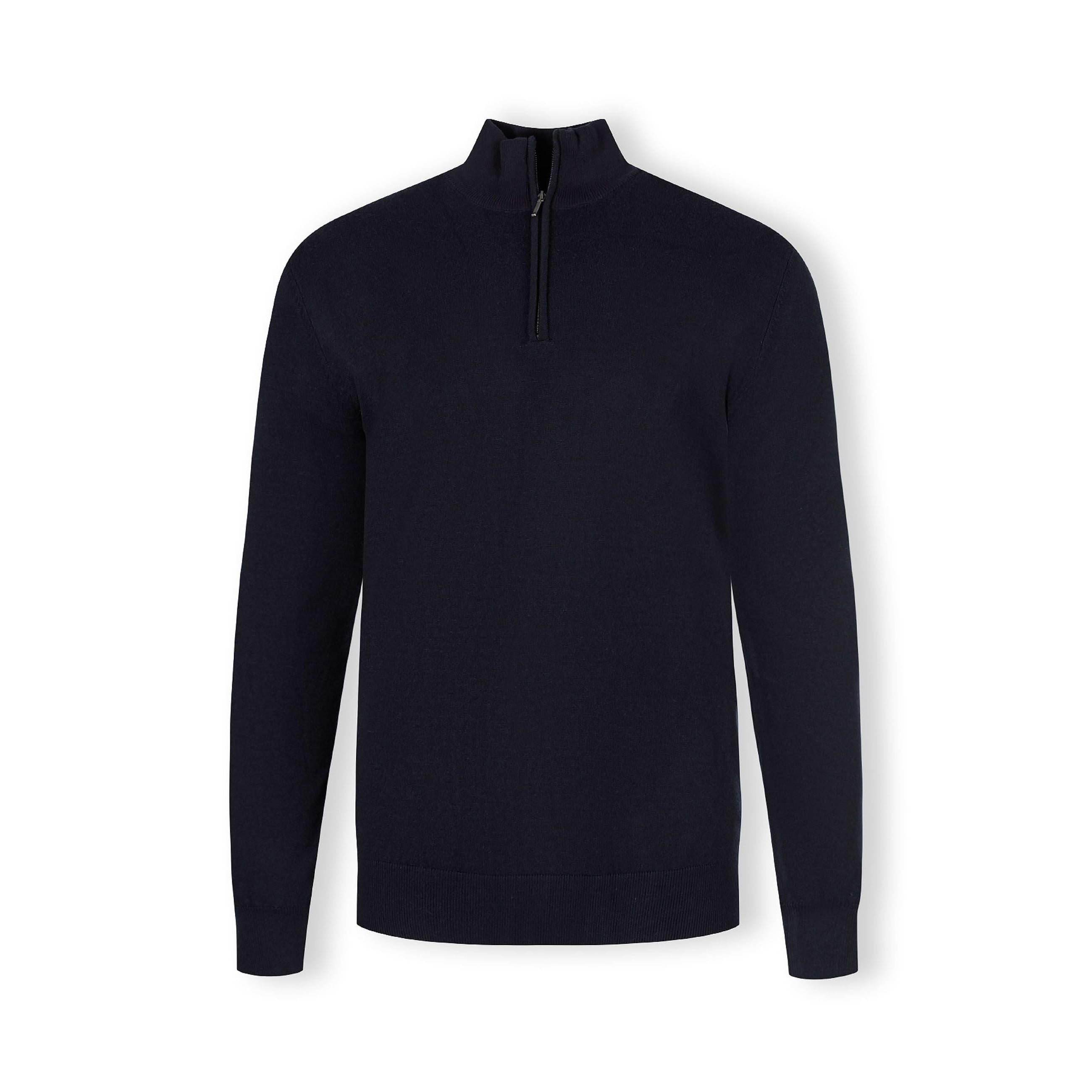 Flat lay of navy half-zip jumper showing quarter-zip collar detail and ribbed cuffs on white background