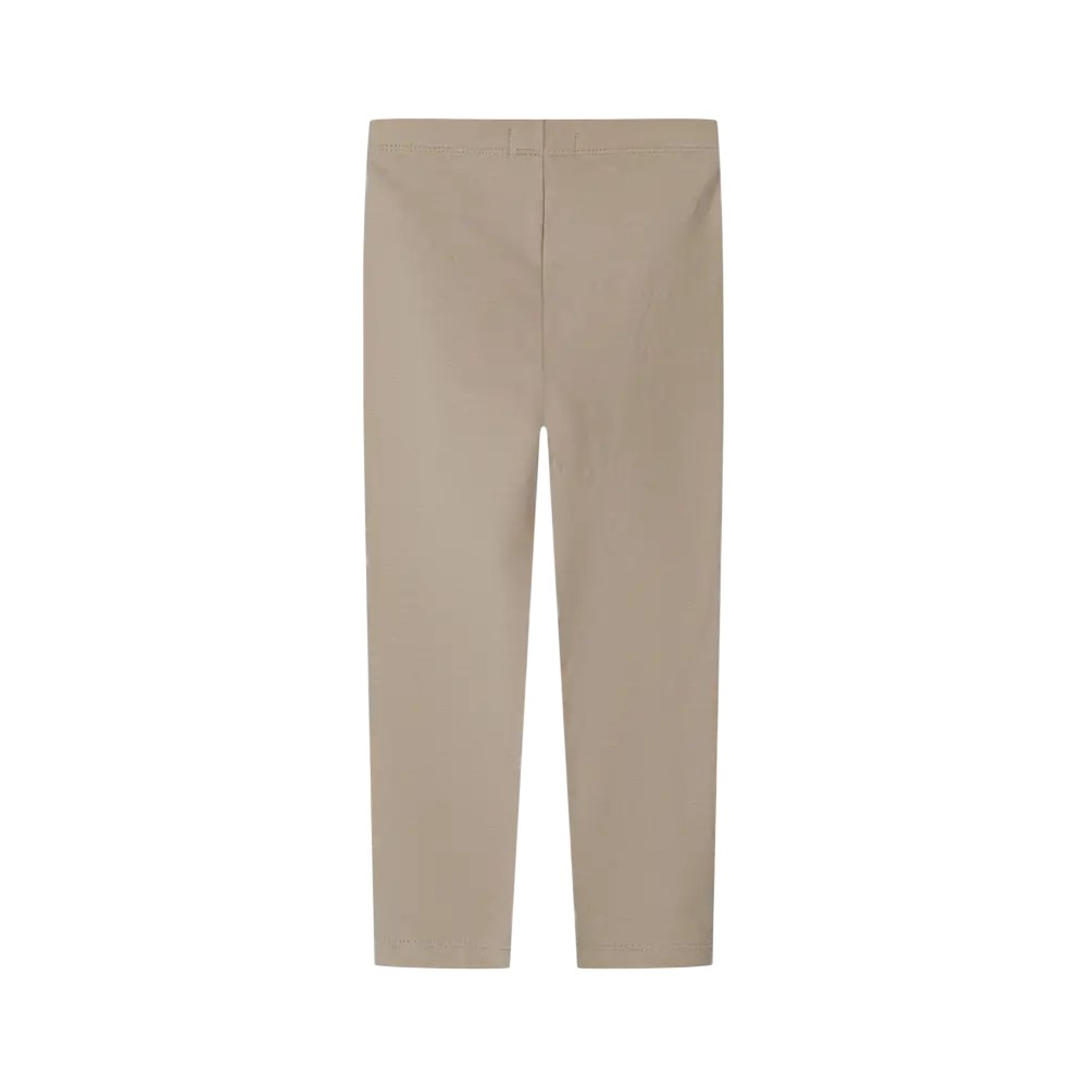 Single taupe coloured jersey leggings laid flat showing full length and elasticated waistband detail on black background