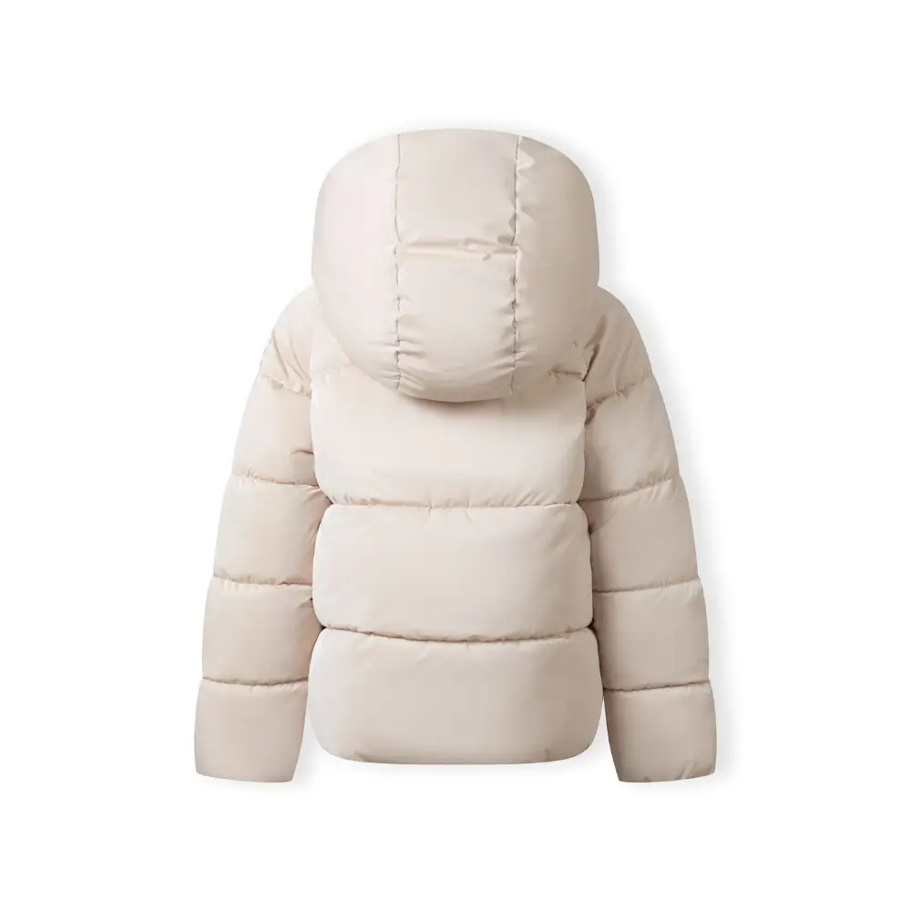 Back view of cream quilted padded jacket with hood showing horizontal stitching pattern on white background