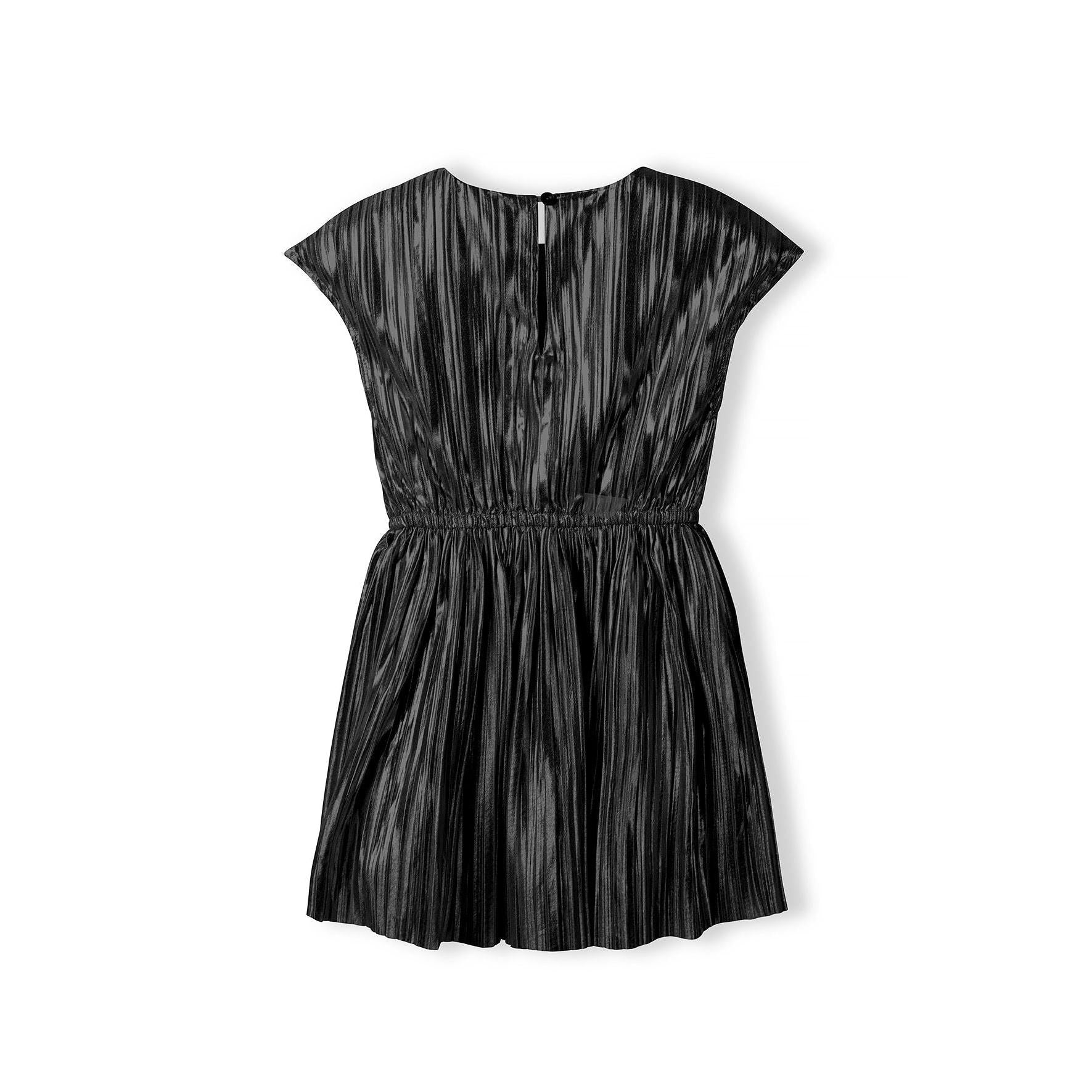 Flat lay of metallic black pleated party dress showing cap sleeves, elasticated waist and pleated skirt detail on white background