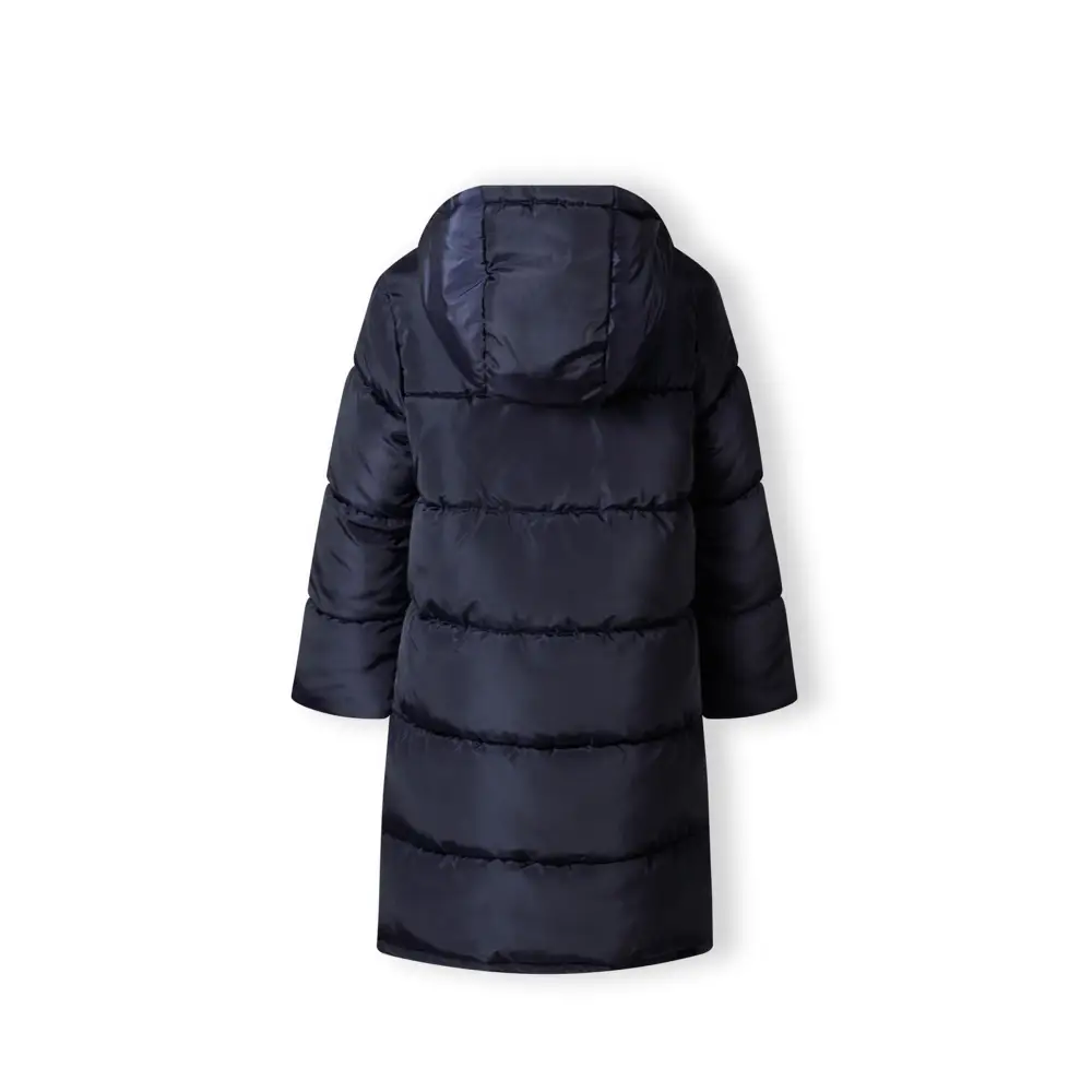 Back view of navy quilted long winter coat with hood showing padded construction and quilted pattern on white background