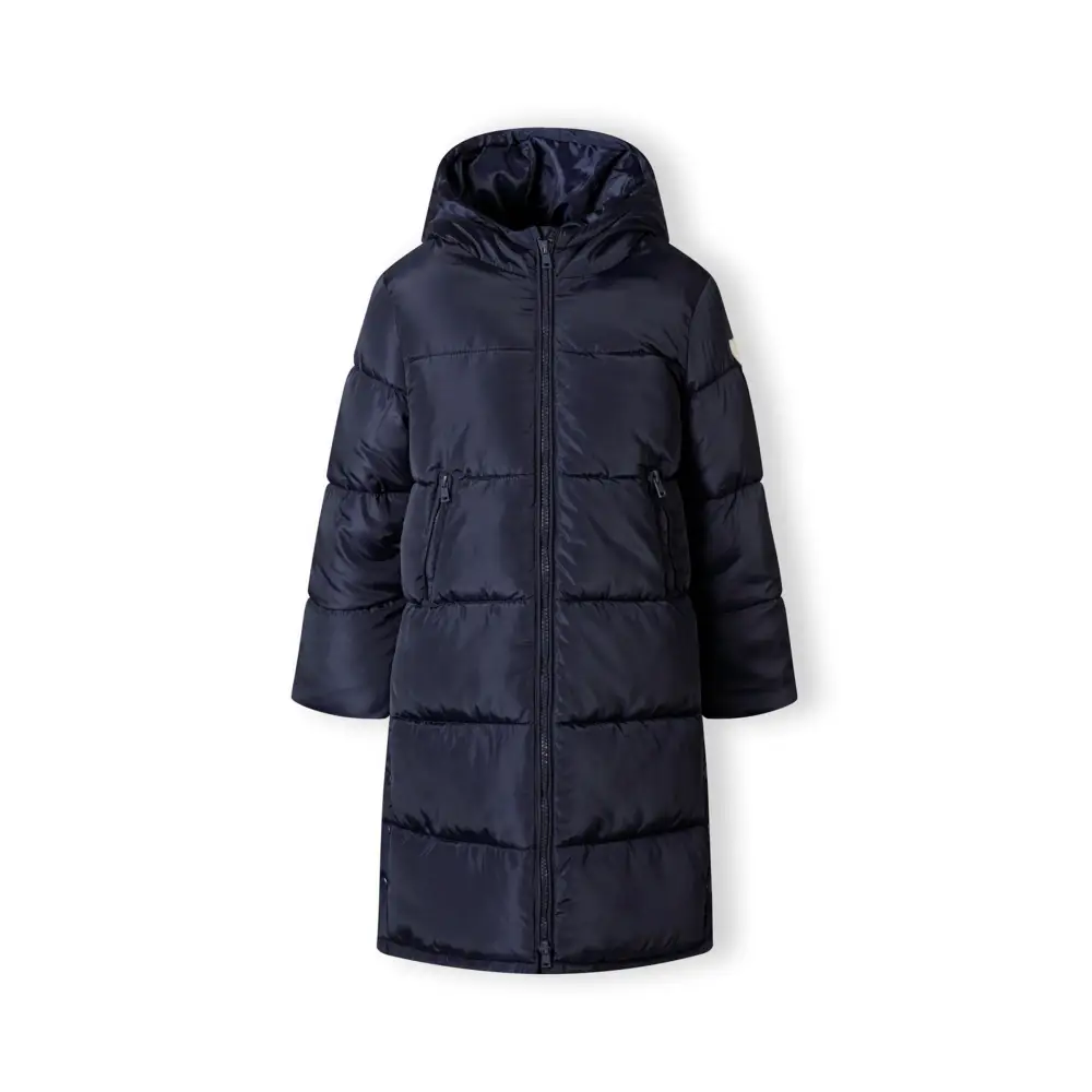 Close-up detail of navy quilted winter coat showing zip closure, side pocket with zipper, and padded quilted texture