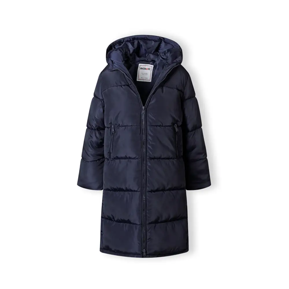 Close-up detail of navy quilted winter coat showing zip closure, side pocket with zipper, and padded quilted texture