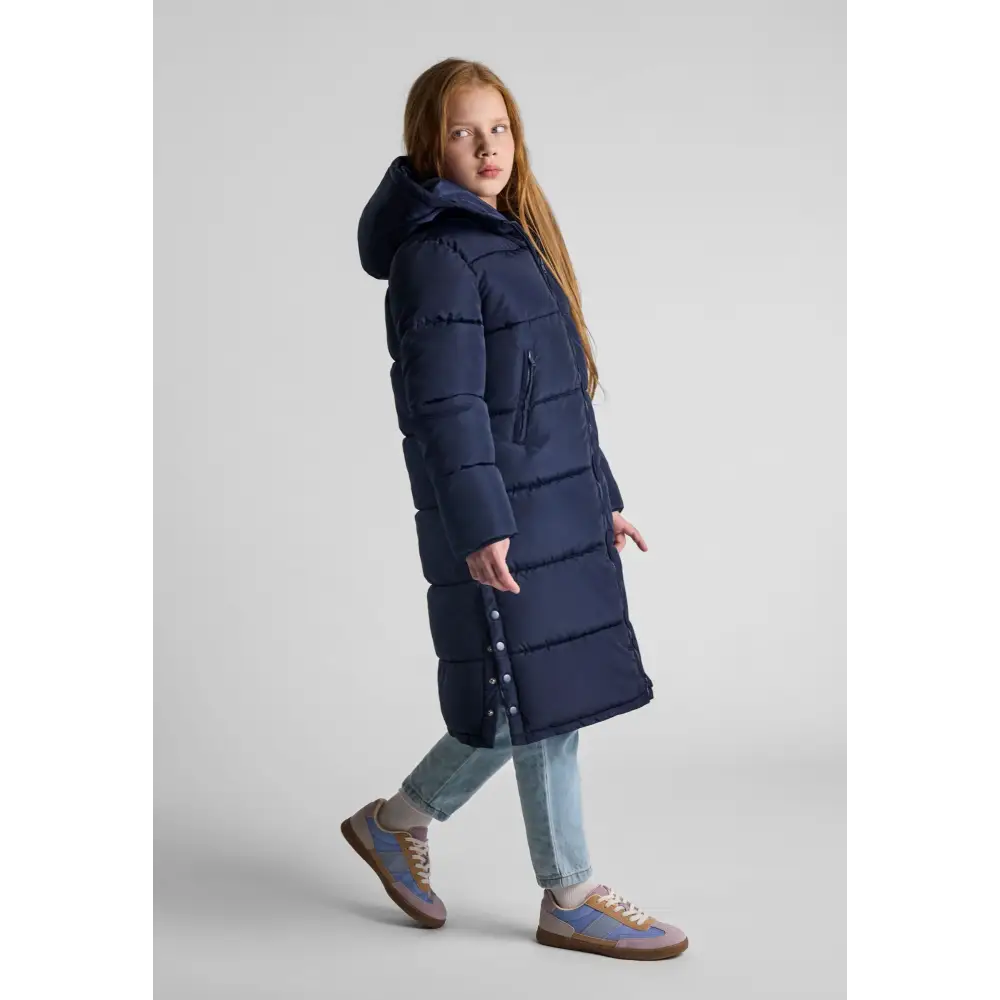 Back view of navy quilted long winter coat with hood showing padded construction and quilted pattern on white background