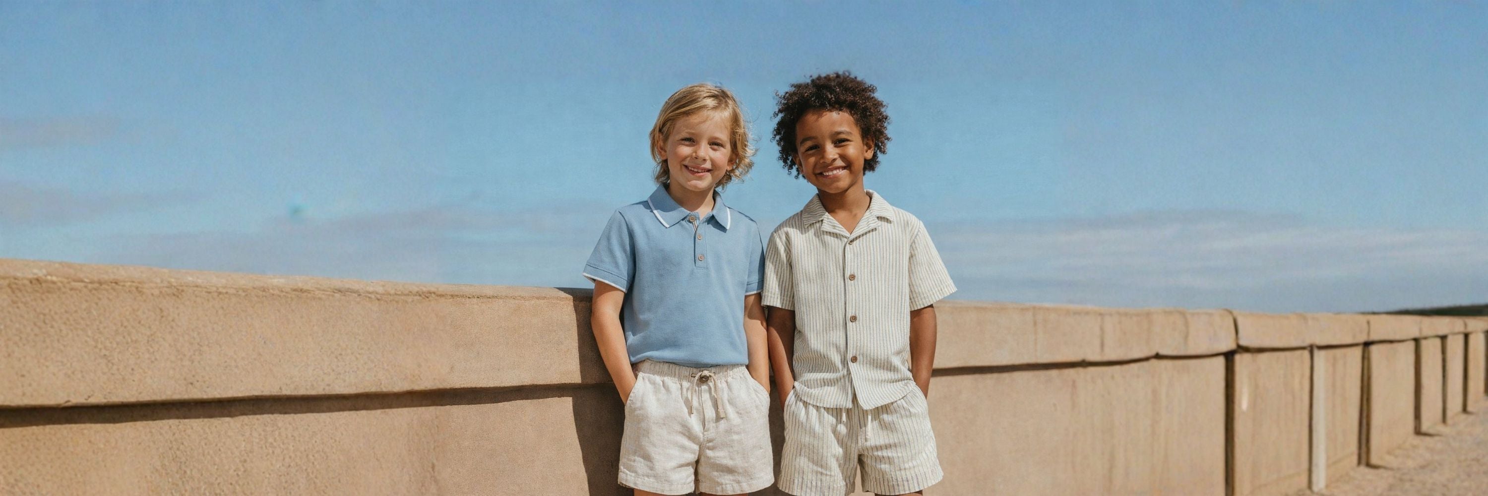 Two boys in light summer outfits stand by a seaside wall, smiling in a relaxed, sunlit setting.