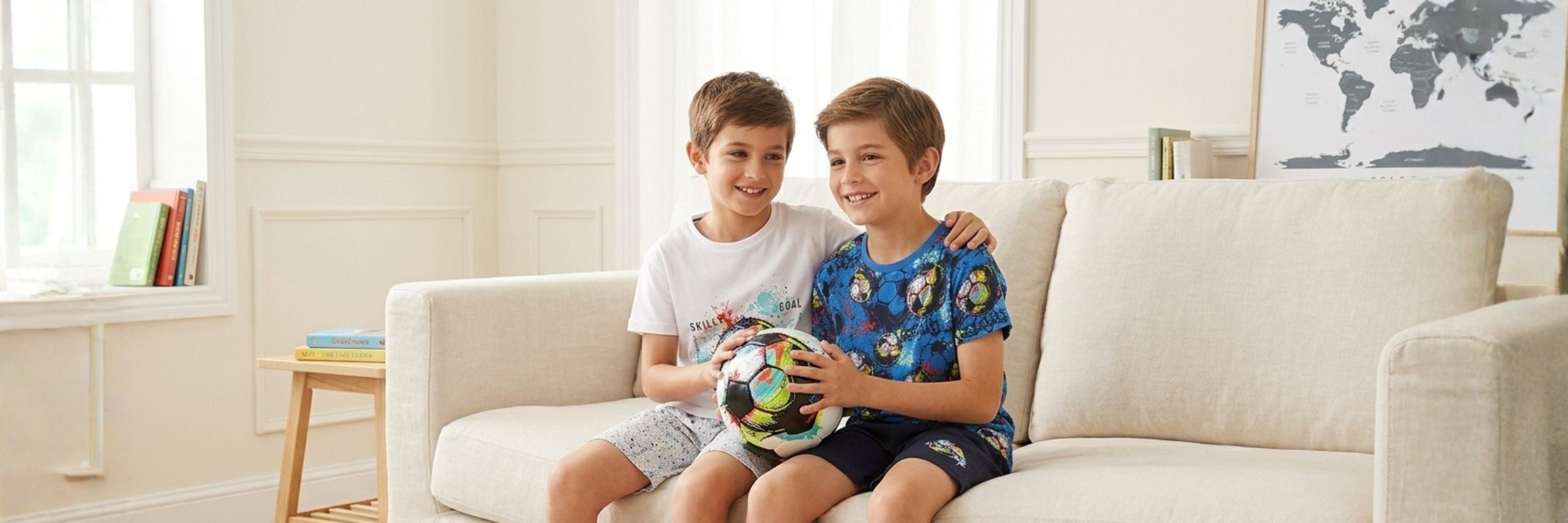 Two young boys smiling while sitting together on a sofa, holding a soccer ball and wearing casual pajamas with short sleeves and shorts.