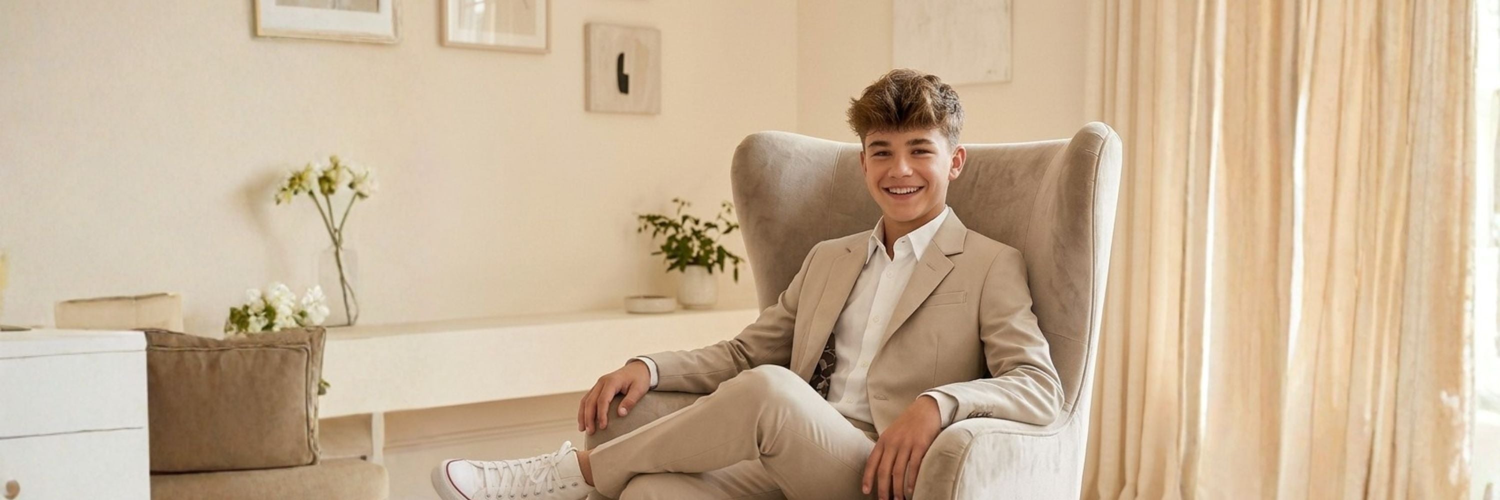 A smiling teenage boy sitting in a beige armchair, wearing a light tan suit with a white shirt and white sneakers.