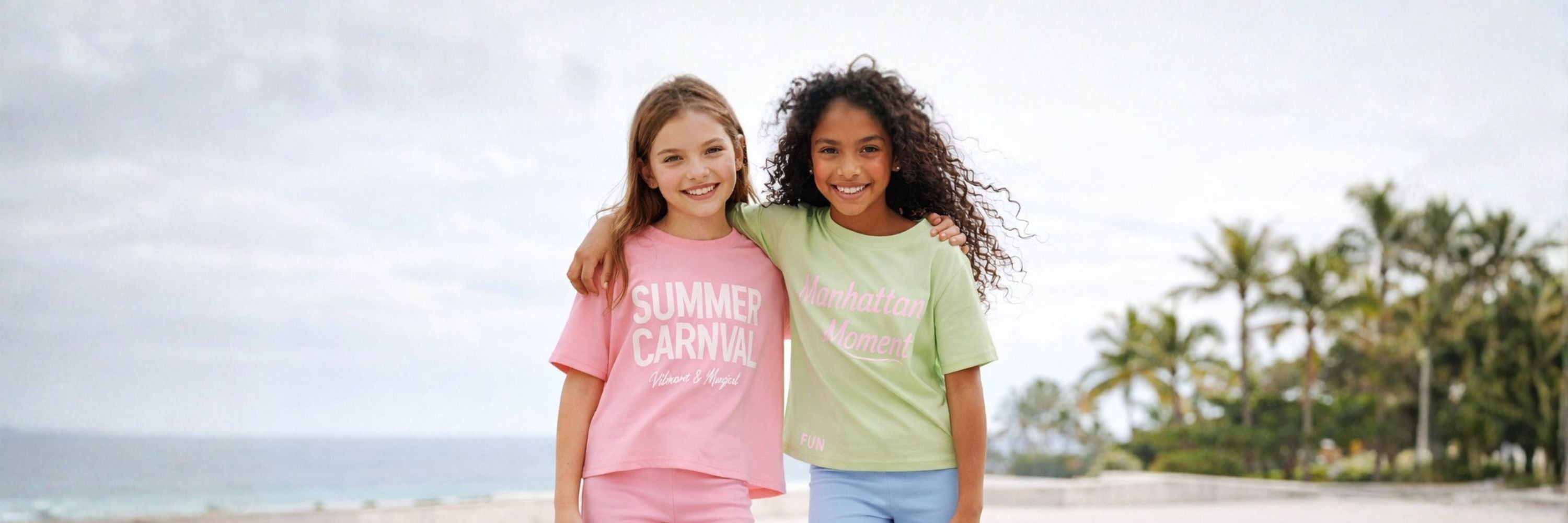 Two girls smiling on the beach with arms around each other, wearing pastel T-shirts—pink with “Summer Carnival” print and green with “Manhattan Moment,” with palm trees and sea in the background.