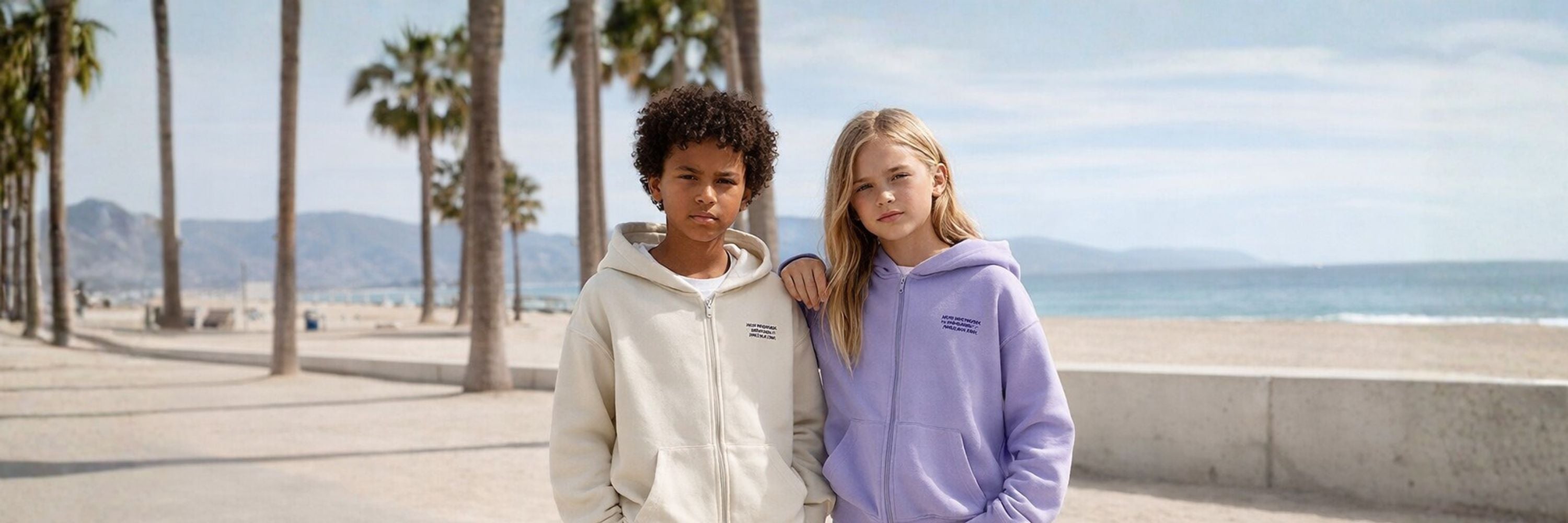 Two kids standing on a beach path, wearing casual zip-up hoodies—one in beige and one in purple—with palm trees and the sea in the background.