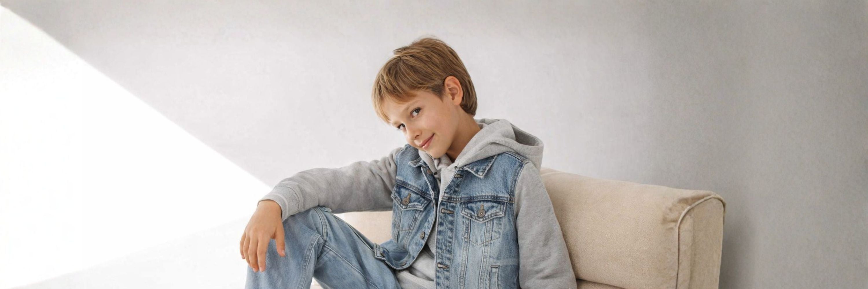 A boy in a layered denim vest and grey hoodie sits casually on a sofa, smiling with a relaxed, confident pose against a minimal light background.