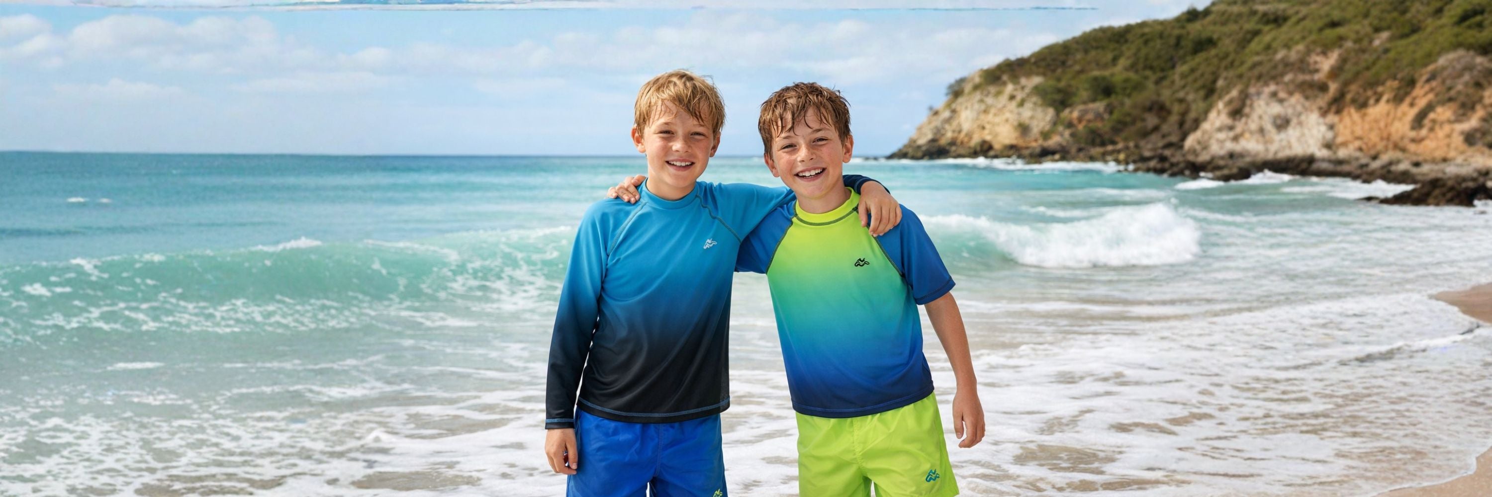 Two boys standing by the sea with arms around each other, smiling, wearing colorful swimwear tops and shorts, with waves and a rocky coastline in the background.