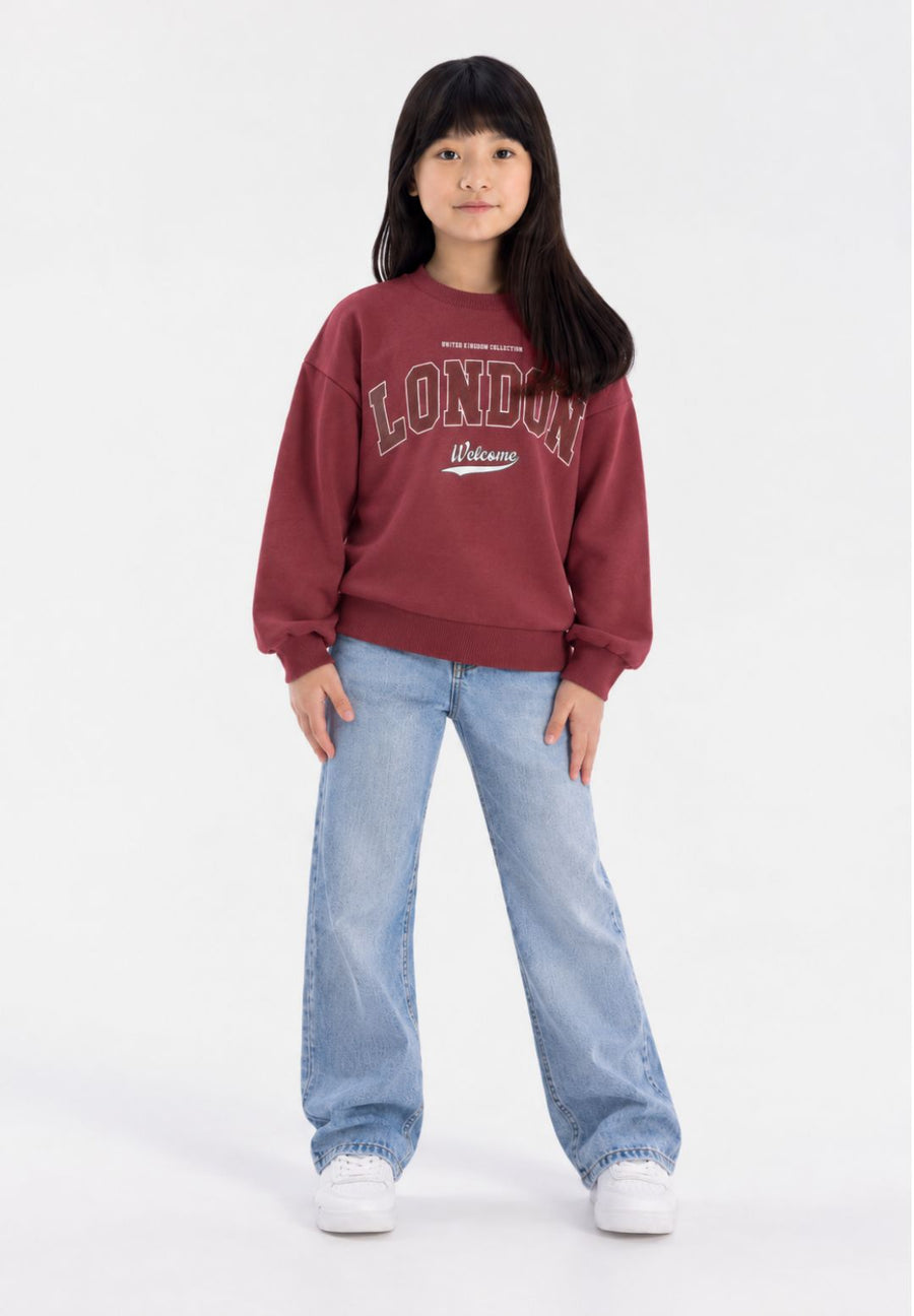 Girls' sweatshirt in burgundy with London print