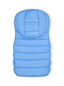 Light blue quilted gilet with detachable hood and bright blue puffer design