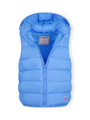 Light blue quilted gilet with detachable hood and bright blue puffer design