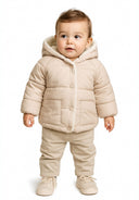 Unisex grey padded jacket with faux fur trim