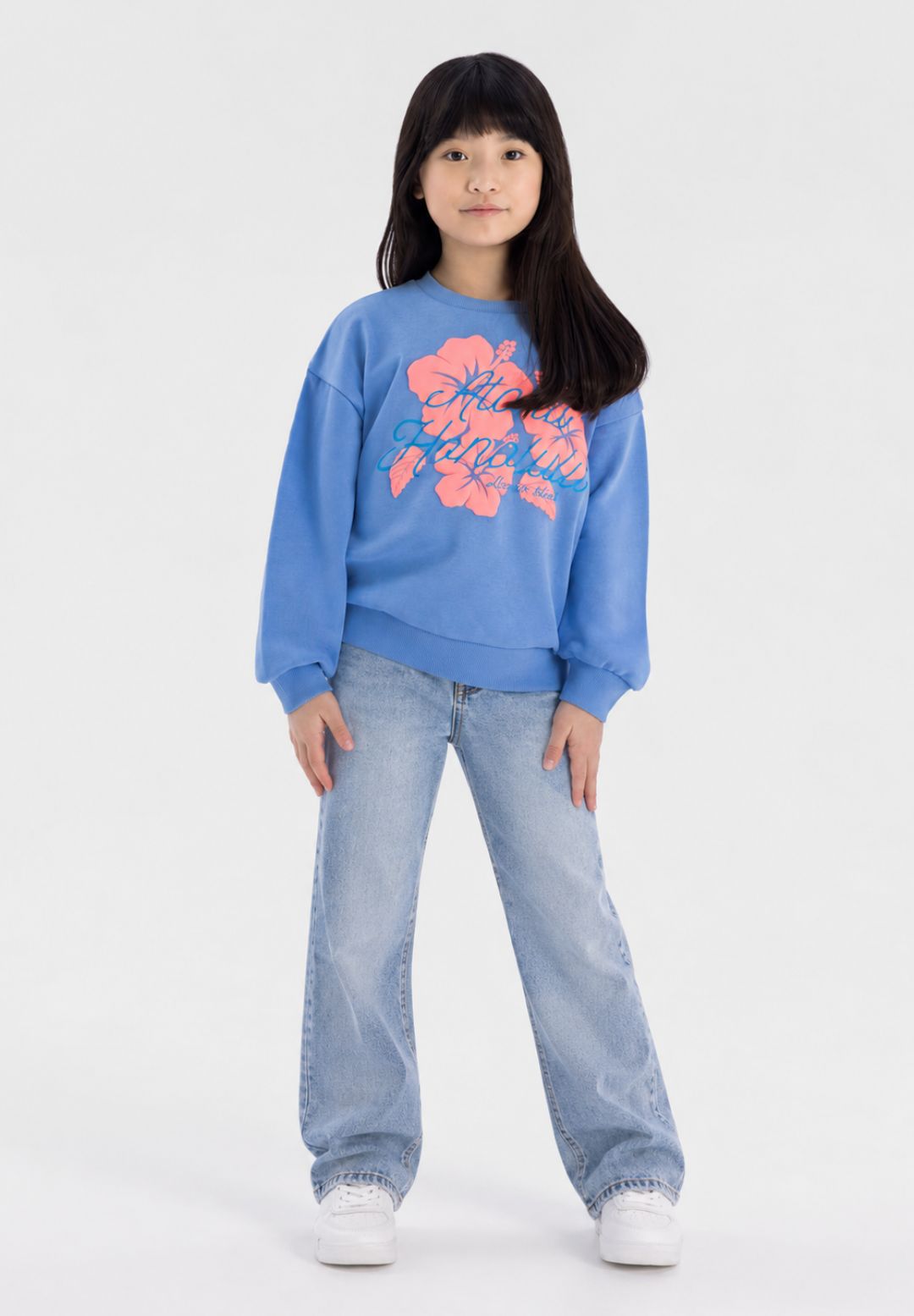 Girls' sweatshirt in blue with Aloha hibiscus print