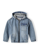 Light blue kids denim jacket with hood, zip fastening, chest pocket, and elasticated cuffs showing casual design.
