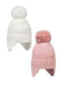 Baby-Mädchen 2er-Pack gerippte Strickmützen mit Bommel in Creme und Hellrosa für Neugeborene bis 2 Jahre