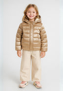 Girls copper padded winter jacket with hood, zipper and snap closure