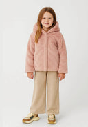 Girls pink faux fur jacket with hood and hidden snaps
