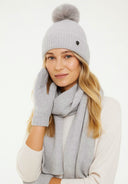 Komplet zimowy damski Respect – czapka z pomponem, szalik i rękawiczki, szary