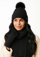 Komplet zimowy damski Respect – czapka z pomponem, szalik i rękawiczki, czarny